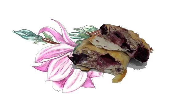 Suluboya manolya arka planında böğürtlenli birkaç kek resmi.