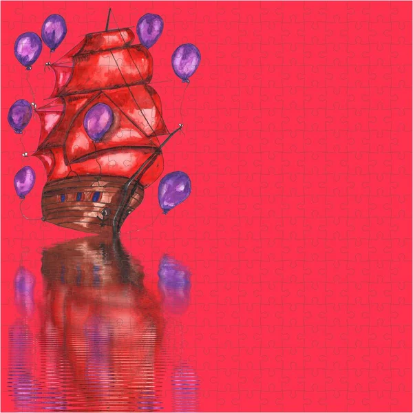 Suluboya el çizimi, yelkenli gemi, ağaç kabuğu, silahlı askeri gemi, suda yansıma. Dikey biçimdeki kart veya arkaplan.