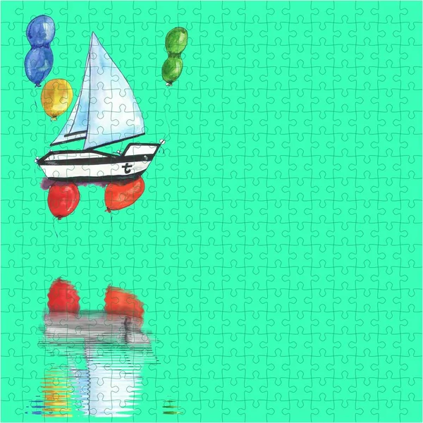 Suluboya el çizimi, yelkenli gemi, ağaç kabuğu, silahlı askeri gemi, suda yansıma. Dikey biçimdeki kart veya arkaplan.