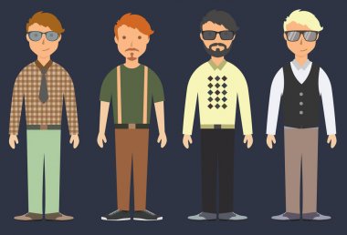 Modern hipsters kümesi saç farklı renkle. Moda elbise genç çocuklar. Düz gesign.