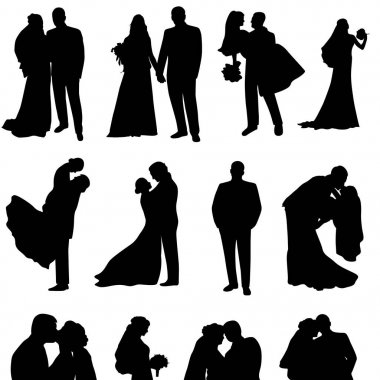 Bir damat ve gelin siluetleri vektör kümesi. Yeni evli.