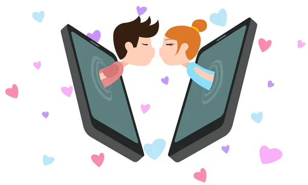Liebe Sozialen Netzwerken Glücklicher Kerl Und Mädchen Küssen Sich Vektorillustration — Stockvektor