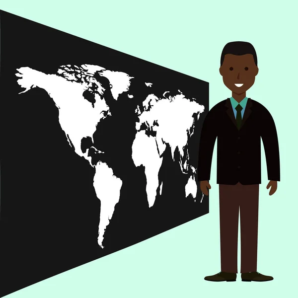 Joven Hombre Negocios Afroamericano Hombres Negros Con Mapa Del Mundo — Vector de stock