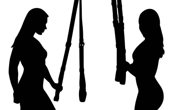 Deux Silhouettes Fille Sportive Formation Sur Suspension Trx — Image vectorielle