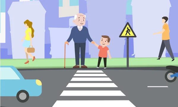Mutlu çocuk yolun karşısına dedesi yardımcı olur. Güvenli yaşam. Renk vektör çizim