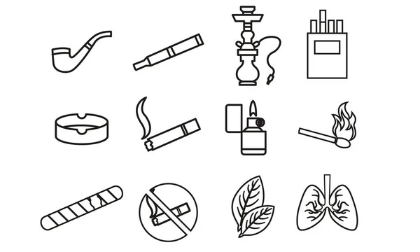 Esboço Preto Vários Ícones Acessórios Produtos Tabaco Conjunto Ilustração Vetorial — Vetor de Stock