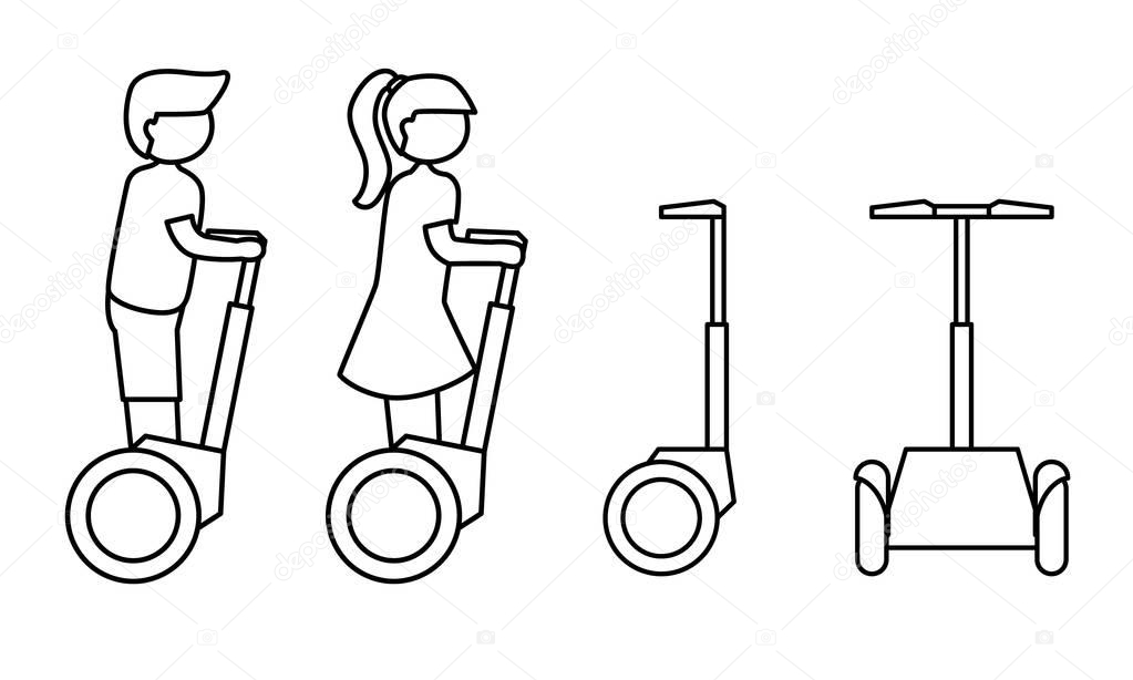 Simple line icon of modern transport gadget. Stick figure people on segway. Flat design 