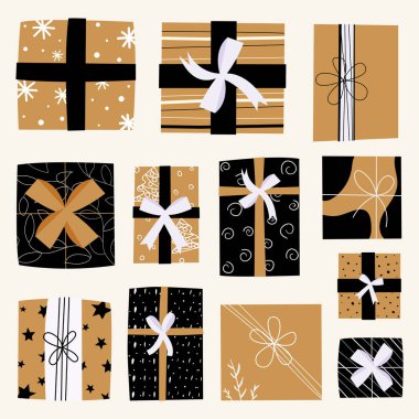 Noel ve Yeni Yıl hediye kutularının olduğu büyük bir koleksiyon. Şimdiki kutuların üst görüntüsü. Pankart, poster, tebrik kartı veya diğer kutular için bayram hediye kutuları