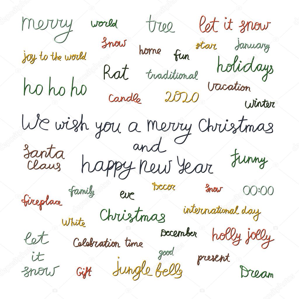 Collection with Christmas and New Year holidays calligraphy. Holiday phrases and words for using in banner, poster, greeting card or print on textile