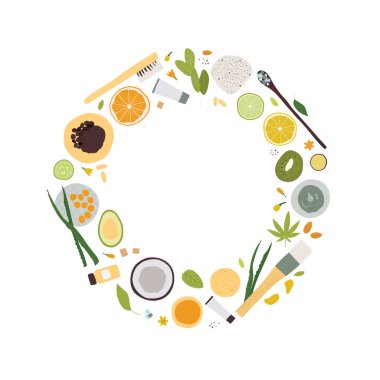 Spa tedavisi konsepti, doğal kozmetik ürünlerin soyulması ve masaj fırçaları ile düz konum, yukarıdan görüş, bir metin için boş alan. Vektör