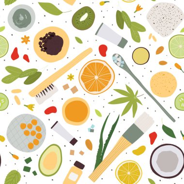 Spa tedavisi konsepti, düz konum. Doğal kozmetik ürünlerin soyulması ve masaj fırçalarının kusursuz deseni. Vektör