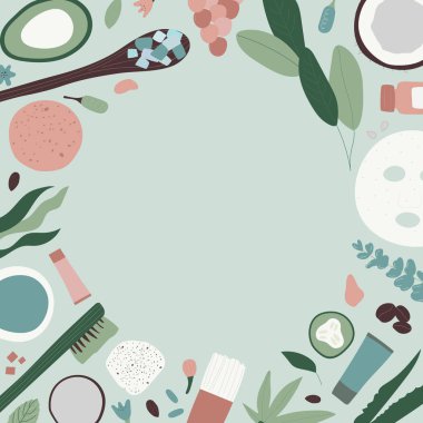 Spa konsepti çerçevesi, doğal kozmetik ürünlerin soyulması ve masaj fırçaları ile düz konum. Yukarıdan görüntüle, metin için boşluk. Vektör