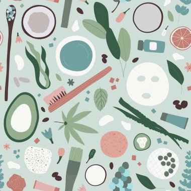 Spa tedavisi konsepti, düz konum. Doğal kozmetik ürünlerin soyulması ve masaj fırçalarının kusursuz deseni. Vektör