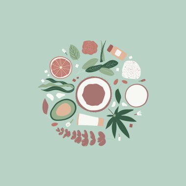 Organik kozmetik konsept kart, doğal kozmetik ürünlerin soyulması ve masaj fırçaları ile düz kompozisyon. Yukarıdan bak. Vektör illüstrasyonu