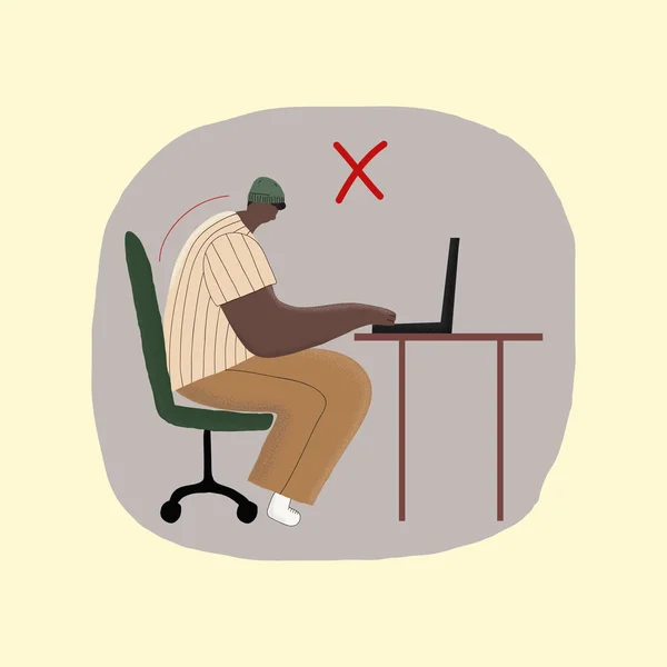 Illustration Poor Posture Everyday Computer Work Afro American Man Incorrect — Stockvector