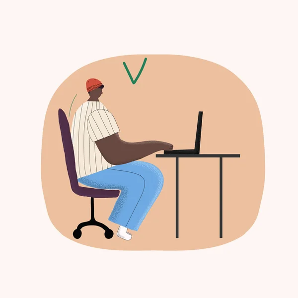 Illustration Good Posture Everyday Computer Work Afro American Man Correct — Stockvector