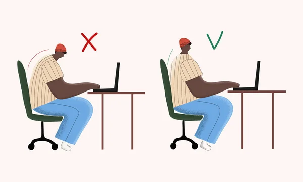 Illustration Poor Good Postures Everyday Computer Work Afro American Man — Stockvector