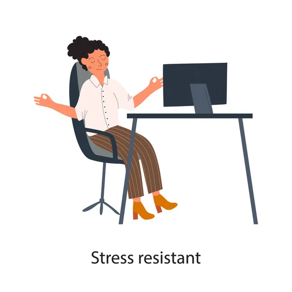 ハードワークやテキストストレス耐性中に穏やかに保つビジネス女性とソフトスキルの概念 カラーフラットベクトルイラスト 白地に隔離された — ストックベクタ