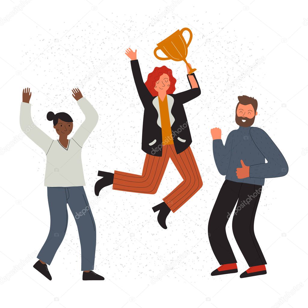 Successful team concept. Jumping leader with cup and the happy team. Colored flat vector illustration. Isolated on white background.