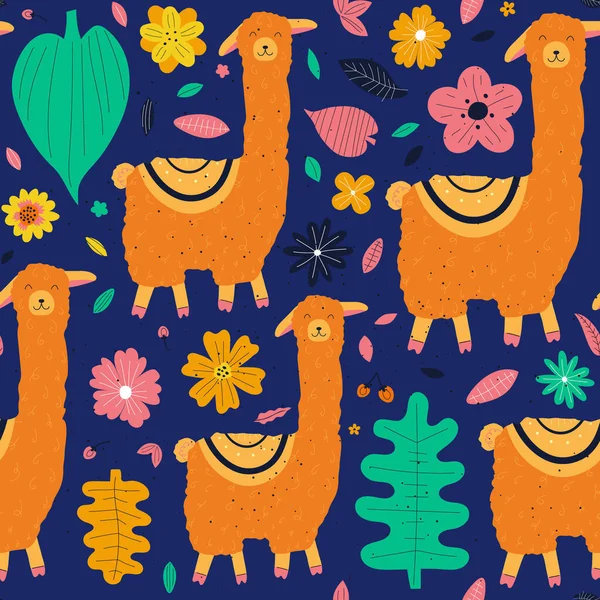 Fondo Colorido Dibujado Mano Con Alpacas Flores Hojas Lindo Diseño — Archivo Imágenes Vectoriales