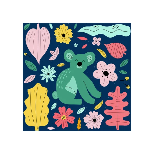 Ręcznie Rysowane Kolorowe Koala Kwiatami Liśćmi Cute Projektowanie Szablonów Stylu — Wektor stockowy