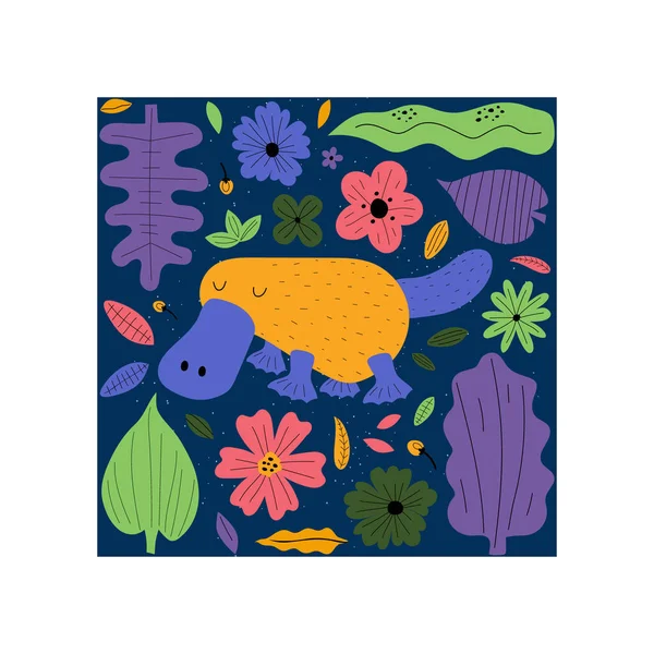 Ornitorrinco Colorido Dibujado Mano Con Flores Hojas Lindo Diseño Plantilla — Vector de stock