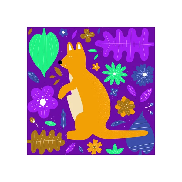 Ręcznie Rysowane Kolorowe Kangury Kwiatami Liśćmi Cute Projektowanie Szablonów Stylu — Wektor stockowy