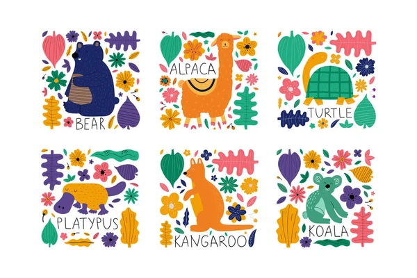 手绘五彩斑斓的动物藏品 有花朵和叶子 在白色背景上设计可爱的孩子风格模板 矢量说明 — 图库矢量图片
