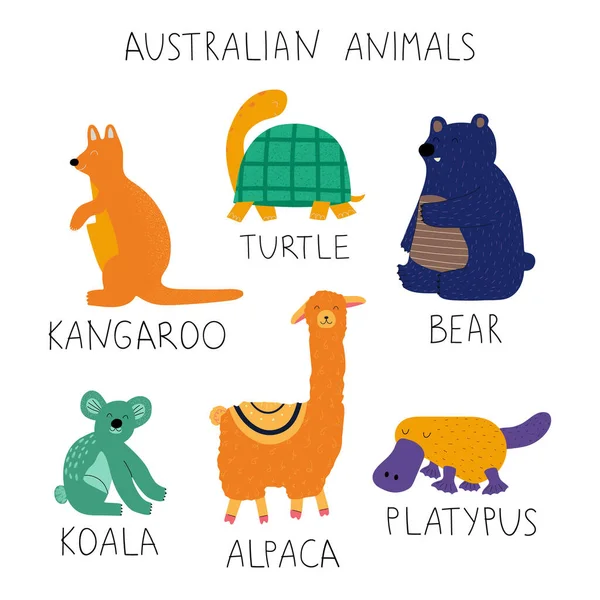 Χειροποίητη Πολύχρωμη Αυστραλιανή Συλλογή Ζώων Ονόματα Παιδικό Πρότυπο Σχέδιο Λευκό — Διανυσματικό Αρχείο