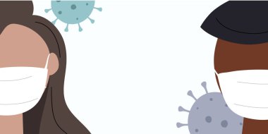 Tüm dünya Coronavirüs salgınıyla savaşıyor. İnsan salgını. Coronavirus 2019-nc0v Salgını. Maskeli ve telif alanlı insanların olduğu bir web pankartı