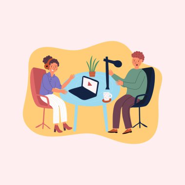 Canlı yayın, düz vektör çizimi. Erkek ve kadın sosyal medya blogcuları işbirliği.