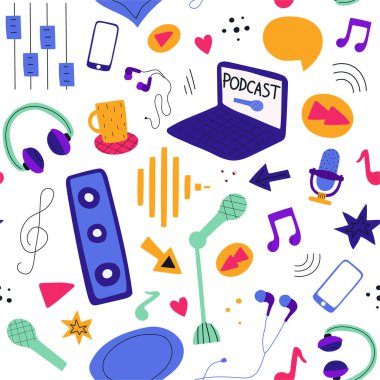 Podcast konsepti. Bloglama ve vloglama için klipli renksiz desen. Canlı yayın. Vektör illüstrasyonu