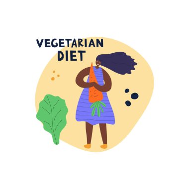 Vejetaryen ve çiğ gıda diyeti konsepti. Havuçlu güzel ve sağlıklı bir kız. Düz vektör çizimi. Pankart, poster ve kart için web tasarımı