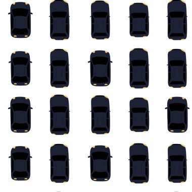 Arabalarda pürüzsüz izler var. Trafik sıkışıklığında duran arabaların üst görüntüsü. Web tasarımı için mükemmel. Düz vektör illüstrasyonu.