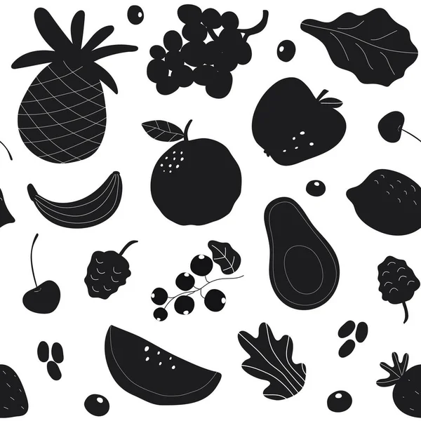 Vegetarian Diet Healthy Concept Black White Seamless Pattern Fruits Greens — Stock Vector