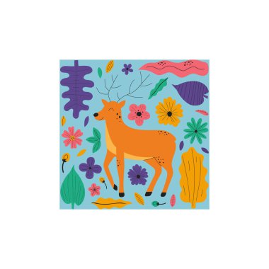 Çiçekler ve yapraklarla el çizimi geyik. Şirin çocuk tarzı şablon tasarımı. Vektör illüstrasyonu