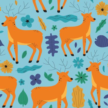 Geyikler, çiçekler ve yapraklarla el çizimi renkli bir arka plan. Sevimli çocuklar için kusursuz bir model tasarımı. Vektör illüstrasyonu
