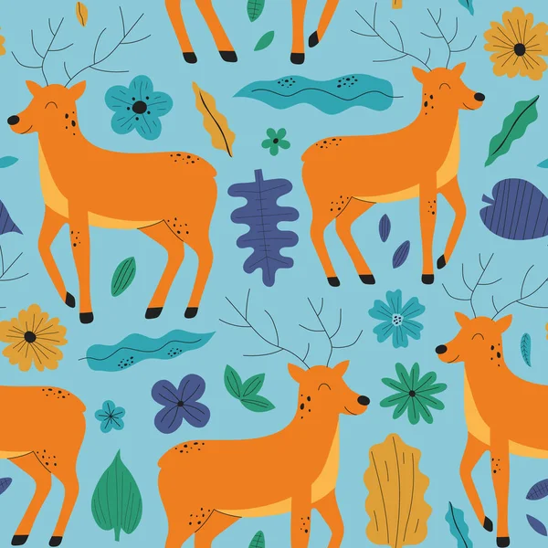 Handgezeichneter Bunter Hintergrund Mit Hirschen Blumen Und Blättern Niedliche Kinder — Stockvektor