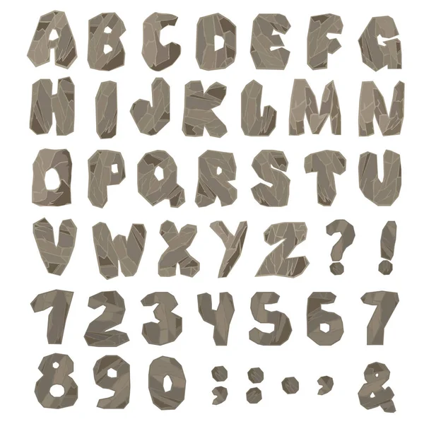 Буквы Цифры Каменного Алфавита Английские Текстовые Знаки Векторная Иллюстрация — стоковый вектор