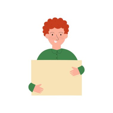 Elinde beyaz arka planda izole edilmiş boş bir pankartla gülümseyen öğrenci. Genç bir adam elinde boş bir sayfa ve mesaj için bir yer tutuyor. Düz vektör illüstrasyonu 