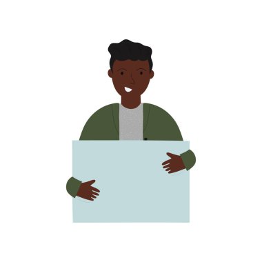 Gülümseyen Afrikalı Amerikalı adam beyaz arka planda izole edilmiş boş bir levha tutuyor. Metin için yeri olan boş bir sayfa taşıyan modaya uygun bir genç. Düz vektör illüstrasyonu