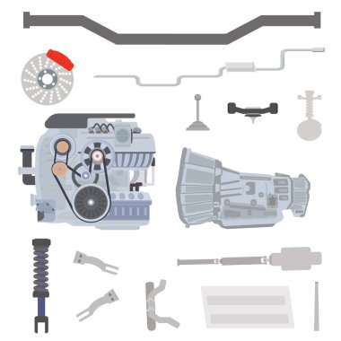 İçten yanmalı motor ve şanzıman sistemli şasi parçaları. Düz vektör çizimi beyaz arkaplanda izole edildi.