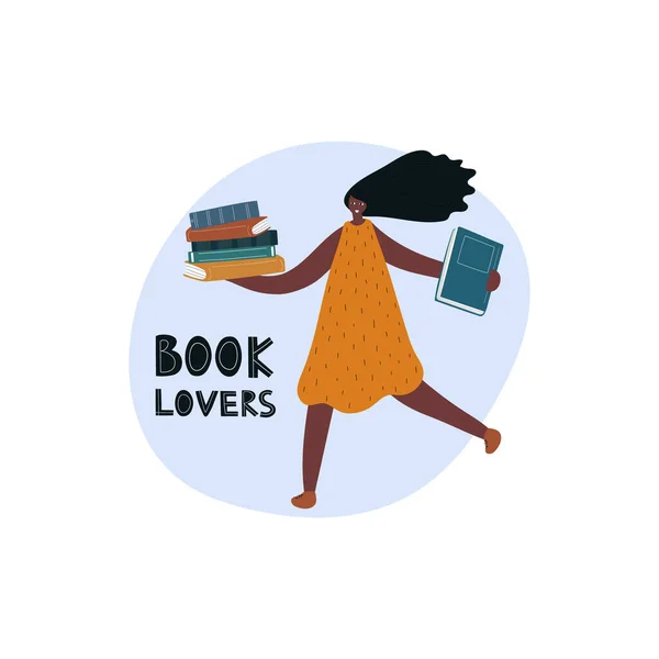 Chica Sosteniendo Los Libros Con Letras Amantes Del Libro Ilustración — Vector de stock