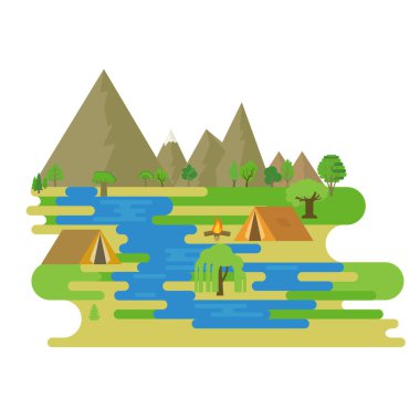 Kamp düz izole resimleme beyaz arkaplan üzerinde