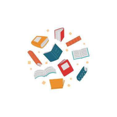 Yuvarlak çerçeve, beyaz arkaplan üzerine farklı renkli kitaplar. Okula, okur yazarlığa, kütüphaneye, okumaya, eğitime, öğretmeye, öğrenmeye. Vektör illüstrasyonu.