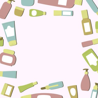 İçinde boş ve temiz kaplar olan çerçeve: şişeler, sprey, krema kavanozu, tüp ve fotokopi alanı. Kozmetoloji ve dermatoloji konsepti. El çizimi vektör çizimi.