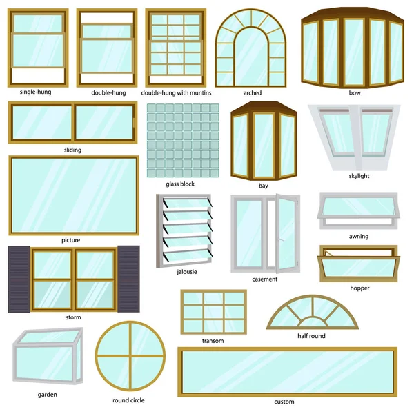 Διαφορετικοί Τύποι Παραθύρων Σετ Παραθύρων Αρχιτεκτονικής Εικονογράφηση Διανύσματος Απομονωμένη Λευκό — Διανυσματικό Αρχείο