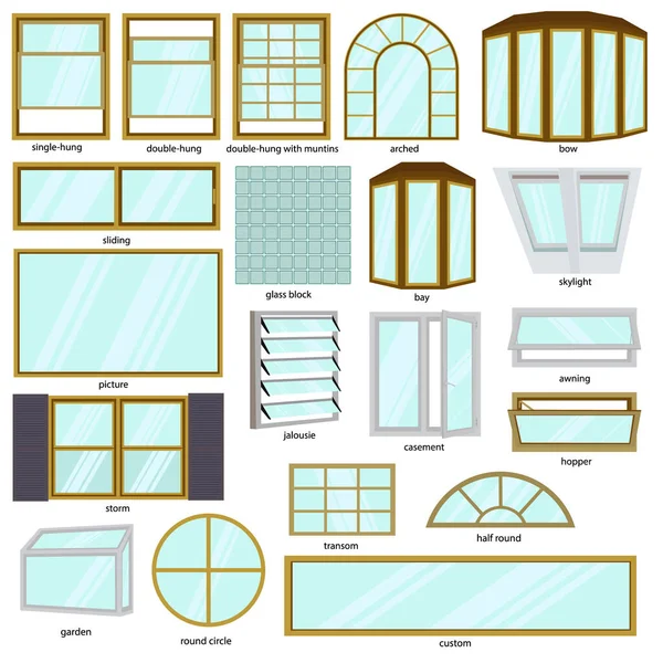 異なるウィンドウタイプ アーキテクチャ ウィンドウ セット 白を基調としたベクトルイラスト — ストックベクタ