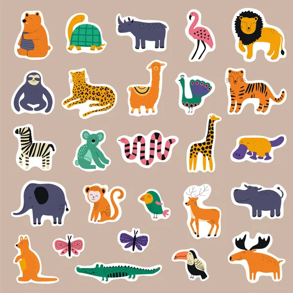 Gran Colección Con Pegatinas Animales Coloridos Dibujados Mano Linda Plantilla — Vector de stock