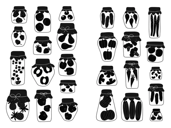 Colección Tarros Silueta Para Enlatar Verduras Frutas Mermelada Variedad Alimentos — Vector de stock